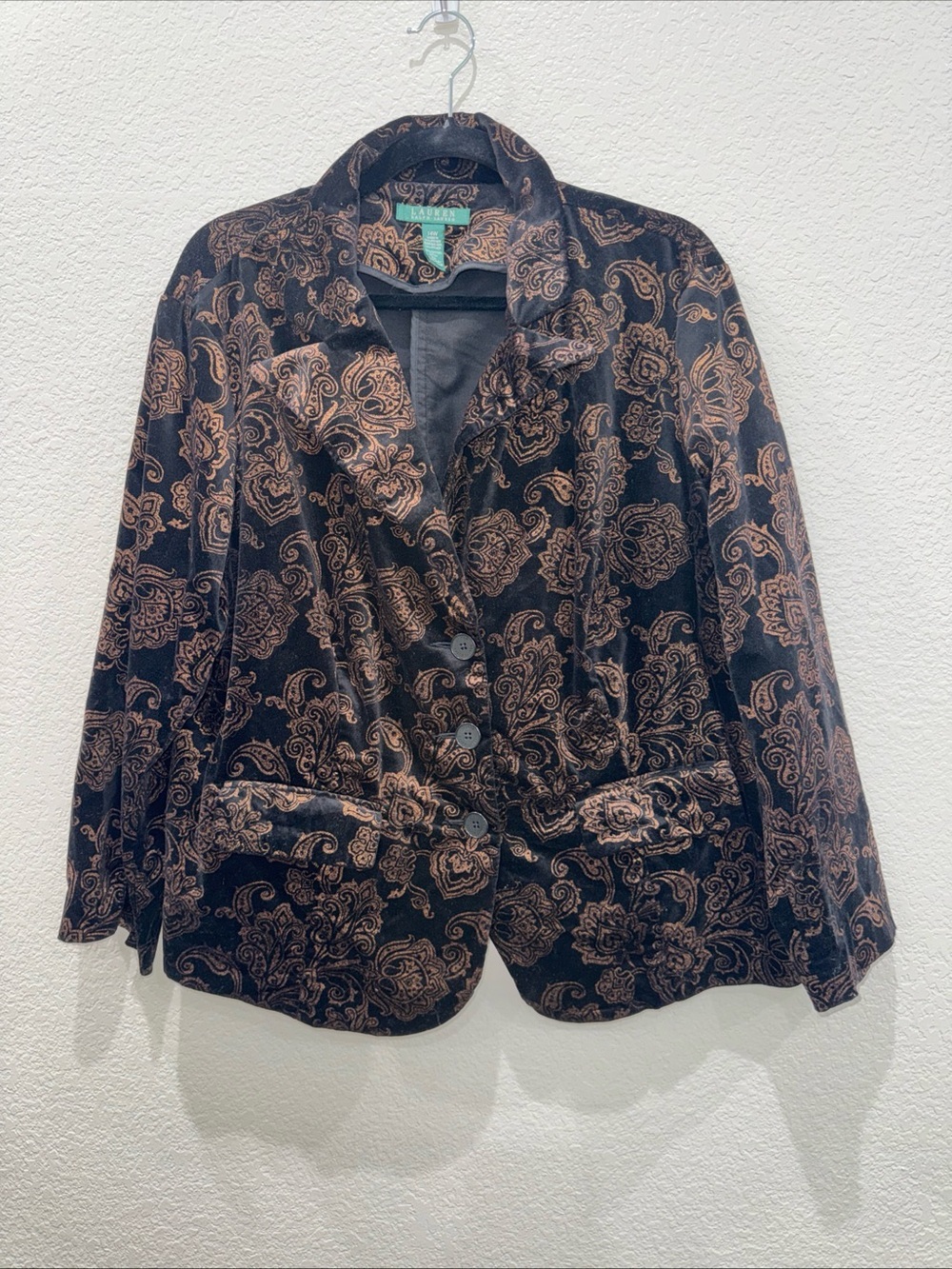 Lauren Ralph Lauren 14W Paisley Velvet Blazer Jacket Black Brown Plus Size